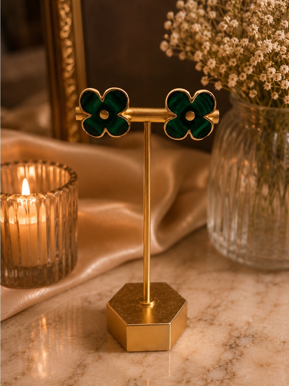 Green Clover Stud Earrings - Brush Gold Trim 925 posts
